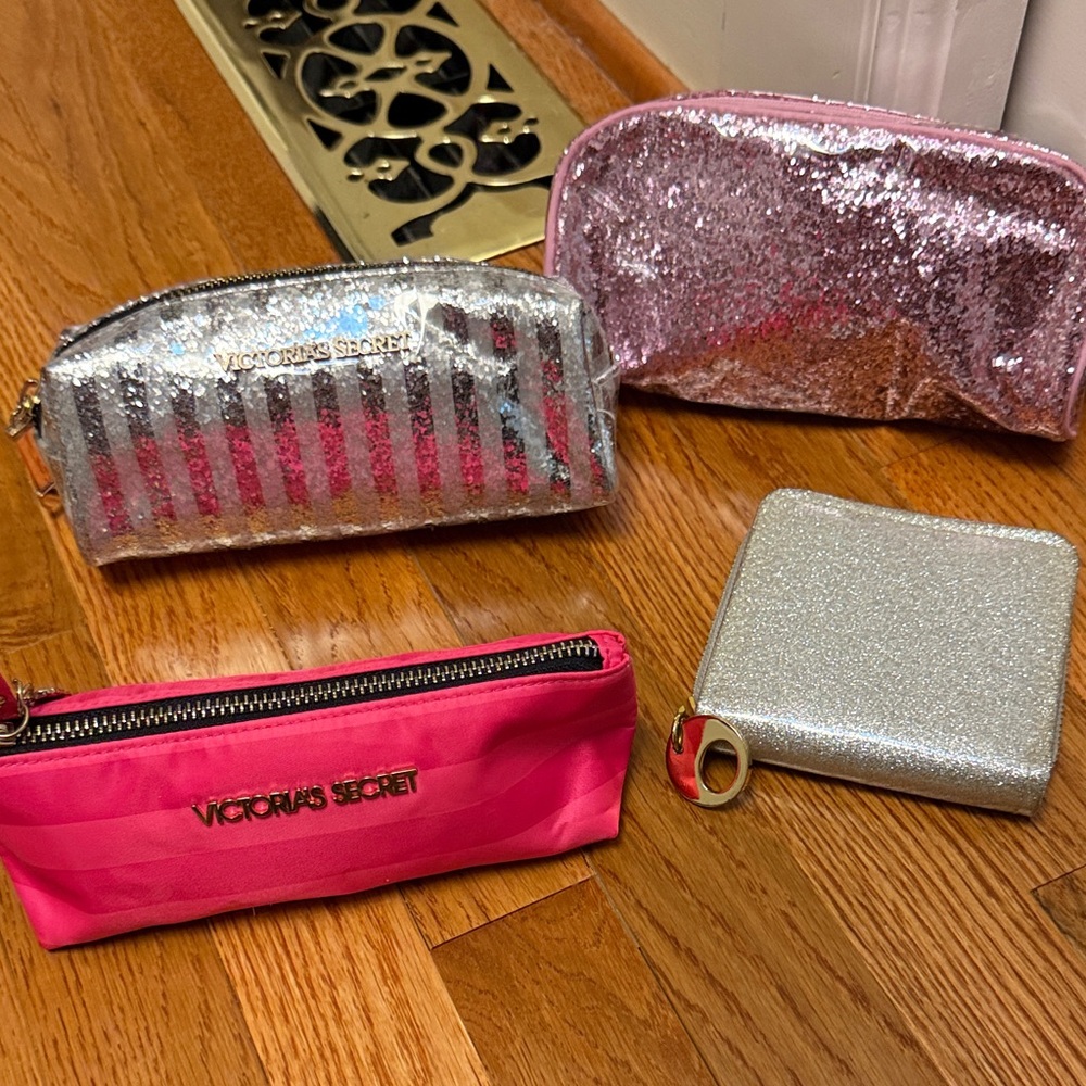 3 cosmetic bags Victoria's Secret Silver and Pink Glitter Bag Set and wallet